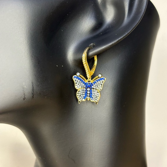 Beautiful Gold Plated 925 Blue Rhinestone Butterfly Earrings - Picture 3 of 10